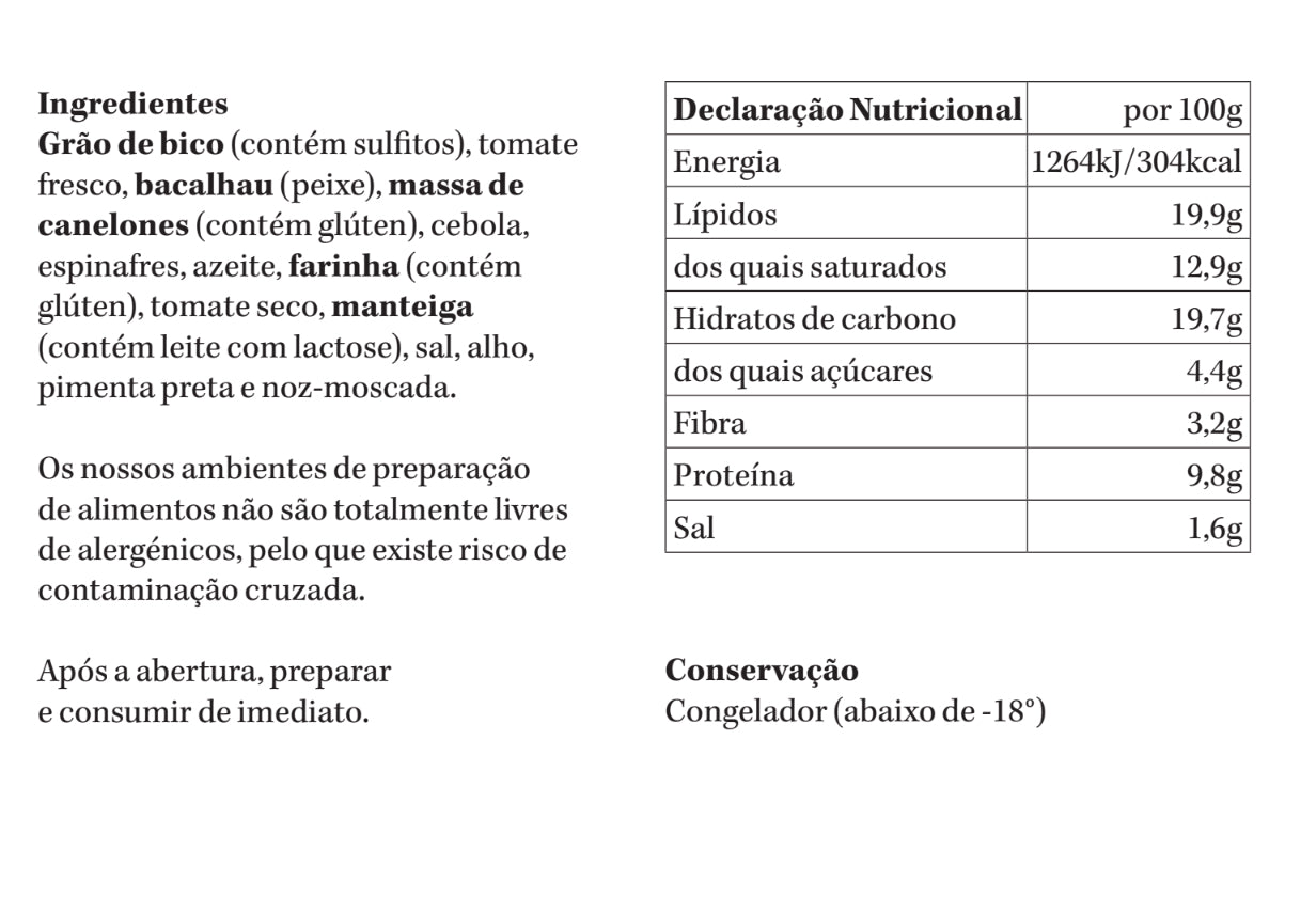 Cannelloni de Bacalhau e Grão | congelado | 400g | 1 pax