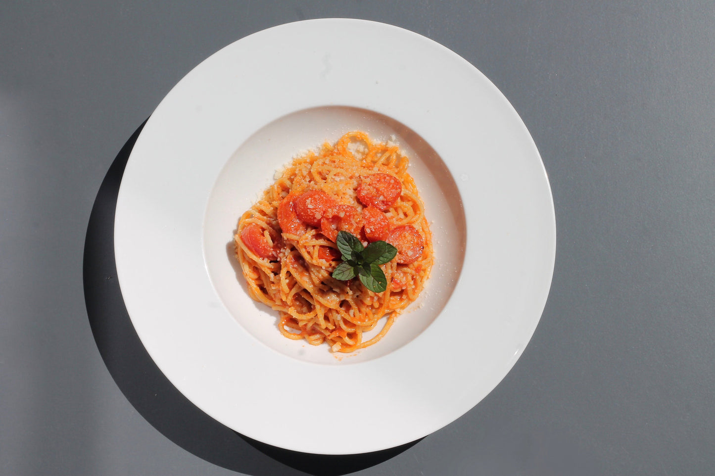 Pasta with Cherry, Tomate Sauce and Parmesan (v)