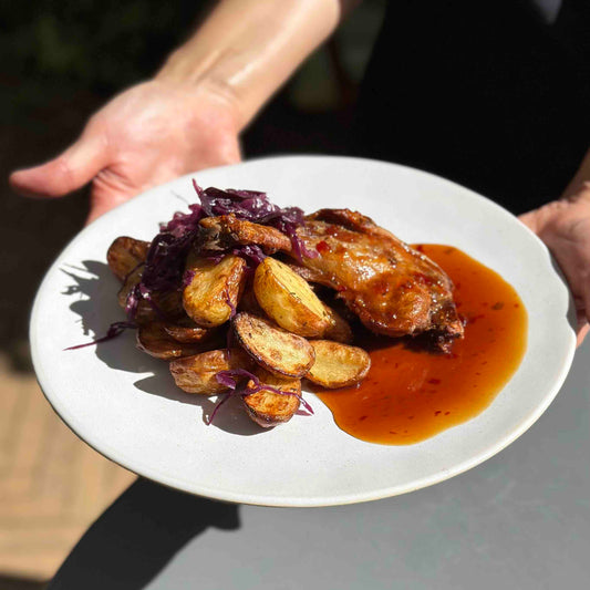 Duck Leg with Red Cabbage and Thyme Potatoes
