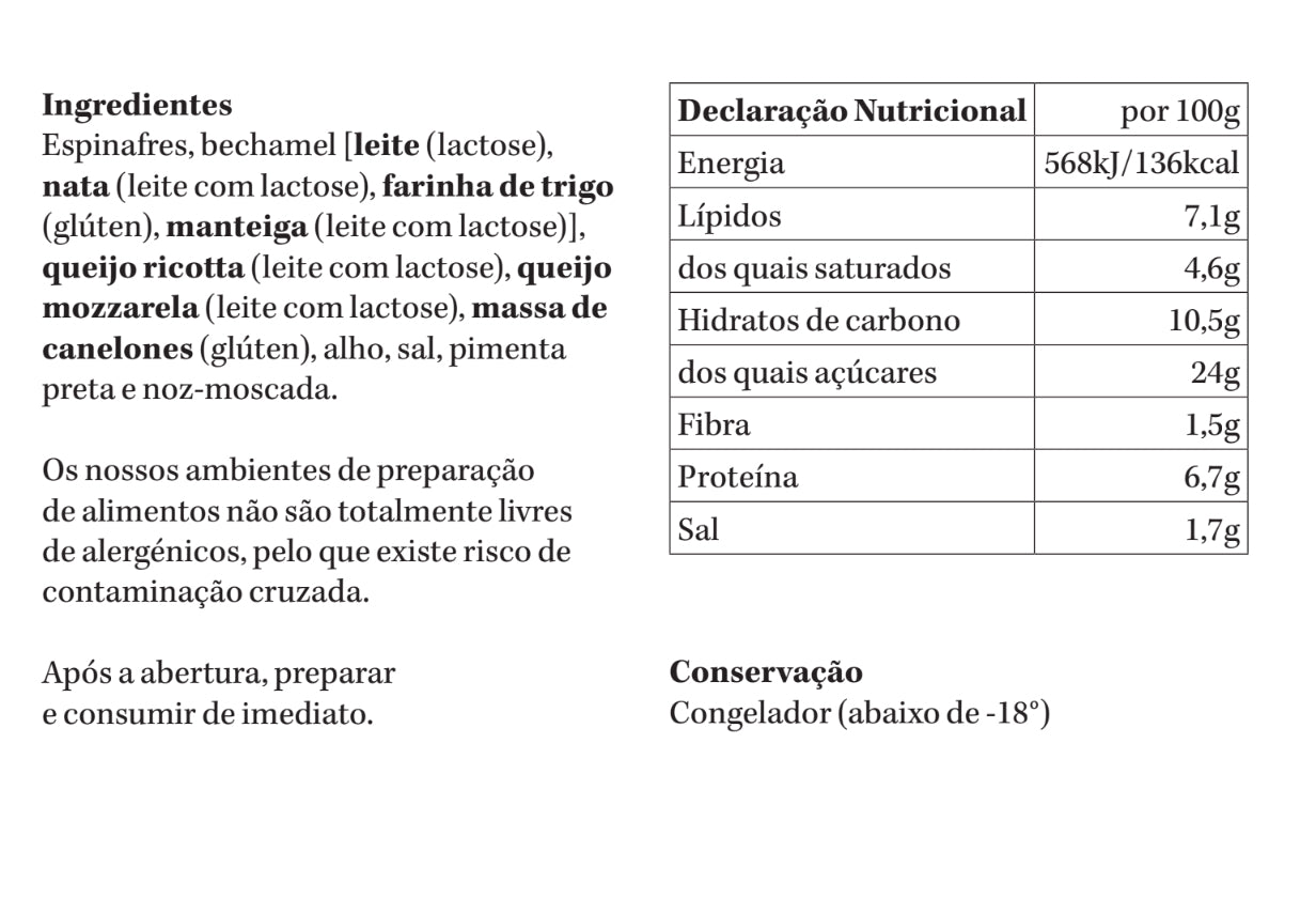 (v) Cannelloni de Espinafre e Ricotta | congelado | 400g | 1 pax